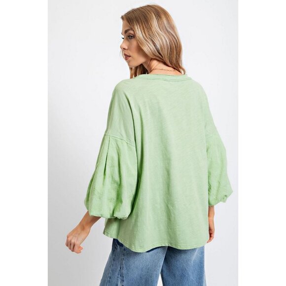 Easel Sage Green Mineral Washed Embroidered Balloon Sleeves Loose Fit Top - Picture 4 of 5